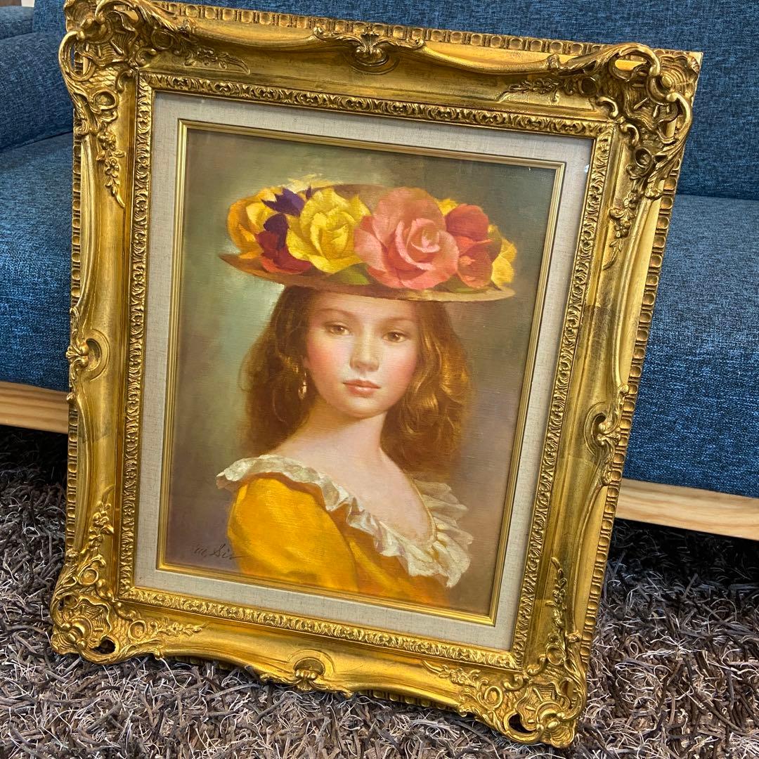 進 徹■花飾りの帽子の女性■油彩■額付絵画