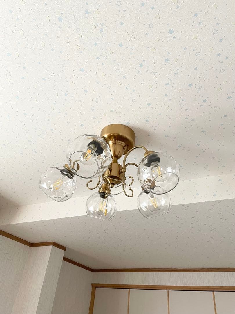 【ほぼ未使用】クリアガラス5灯シャンデリア(調光調色LEDライト＆リモコン付き)