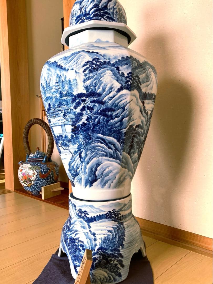 有田焼 藤井錦彩作 染付山水図 大壺 沈香壺 伝統工芸美術 陶磁器 和物骨董