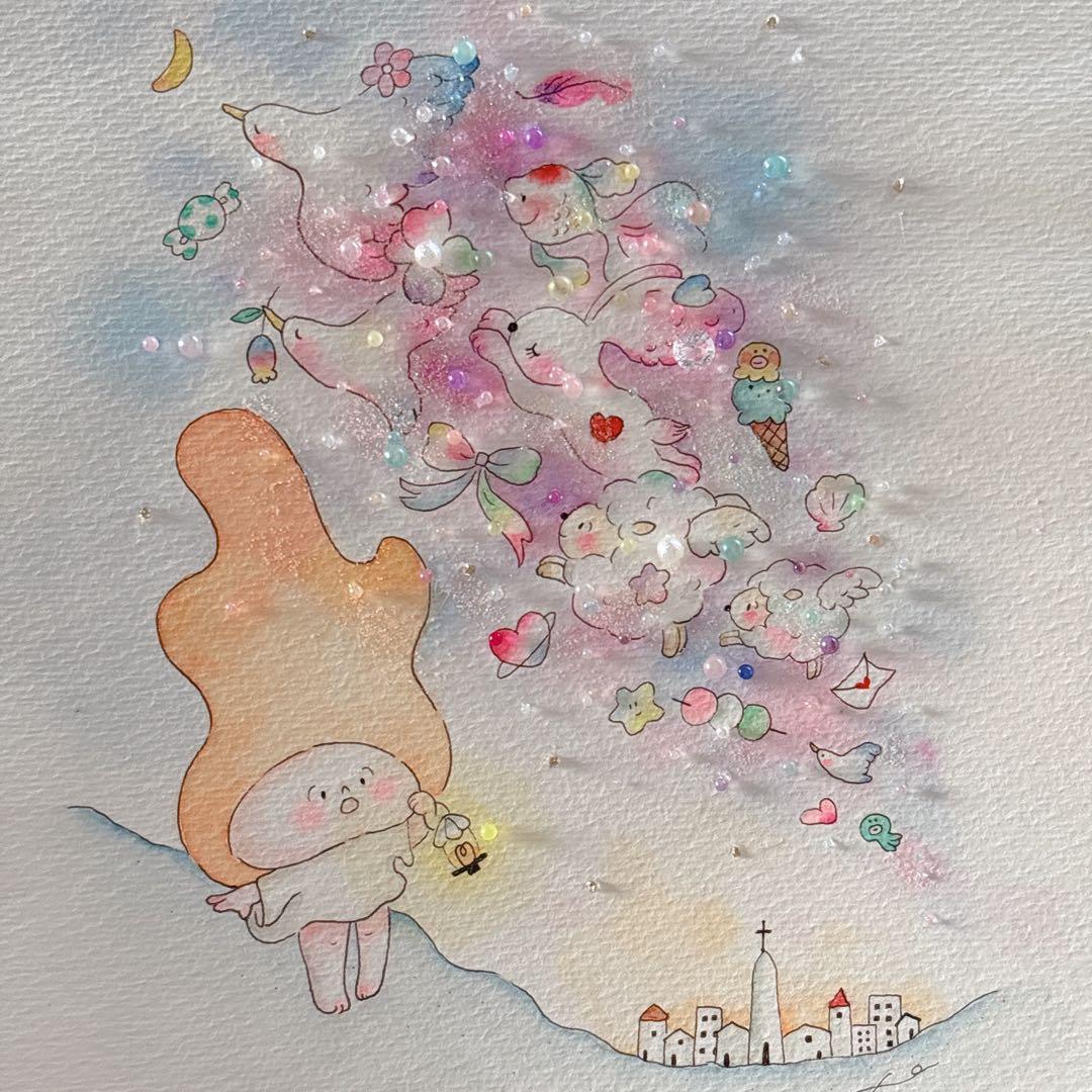 【YAMU】グラスアート　イラスト　水彩画　原画