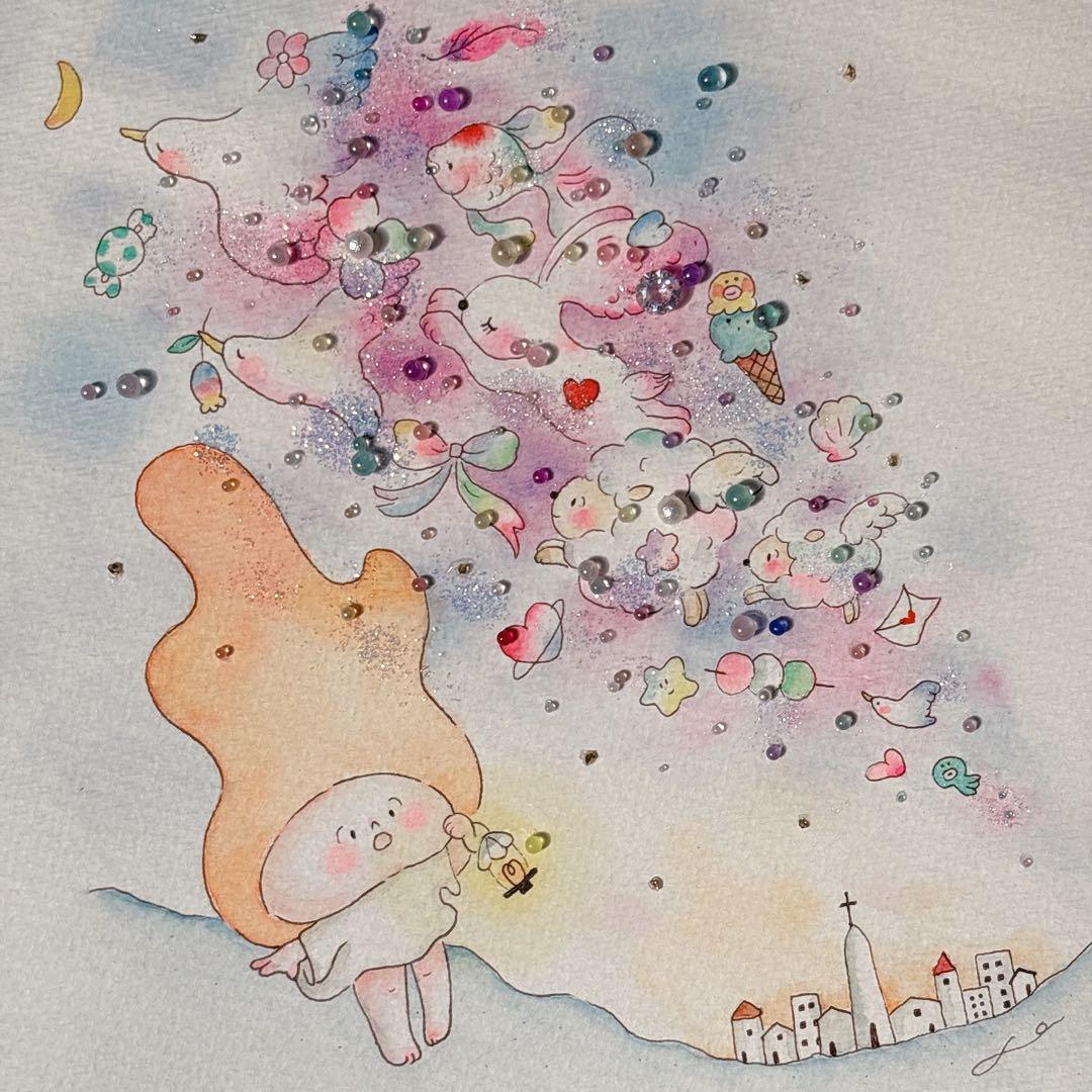 【YAMU】グラスアート　イラスト　水彩画　原画