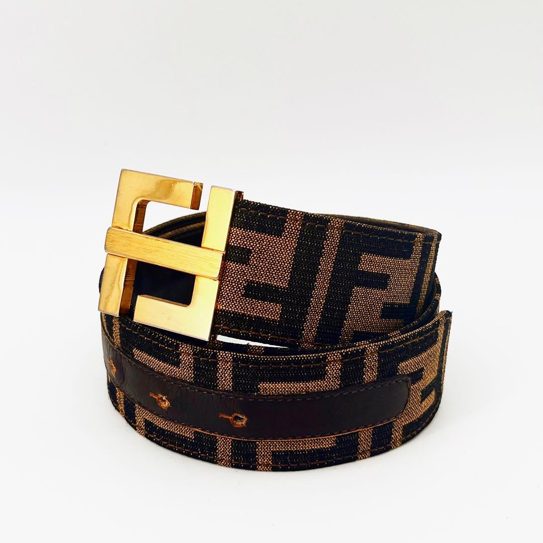 FENDI フェンディ ベルト ロゴバックル レザー ズッカ柄 FFロゴ 茶系