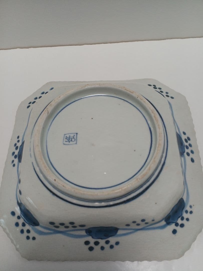 骨董伊万里　線描　染付　鳳凰文　角皿　隅切　1客