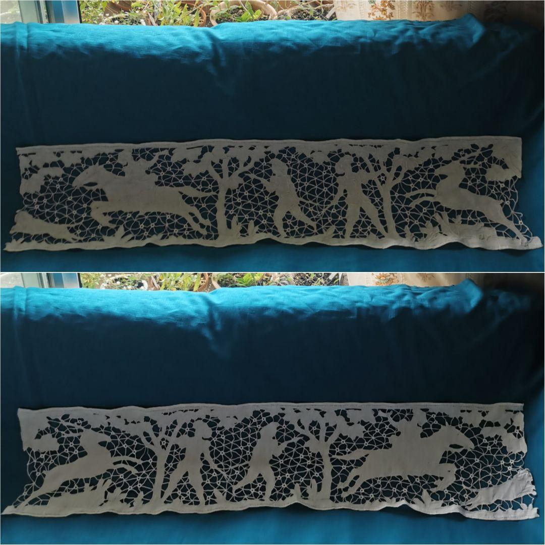 アンティーク フランス 狩猟の光景 鹿・騎馬者・犬 カットワーク リネンクロス