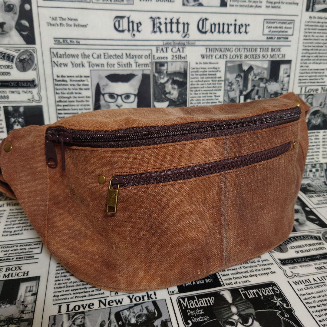 ☬酒袋リメイク☬ボディバッグ/縫い付けショルダー付/柿渋染め/古布/襤褸