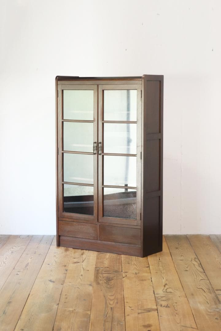 レトロ ガラスキャビネット 本箱 収納 食器棚 ラック 引き出し 抽斗 2杯