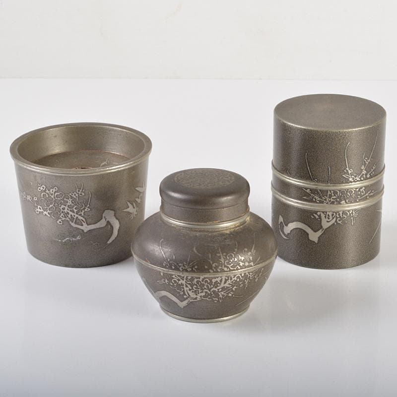 錫製　間村自造　四君子文　茶壷　茶こぼし　合計約985g　3点　D　R6368