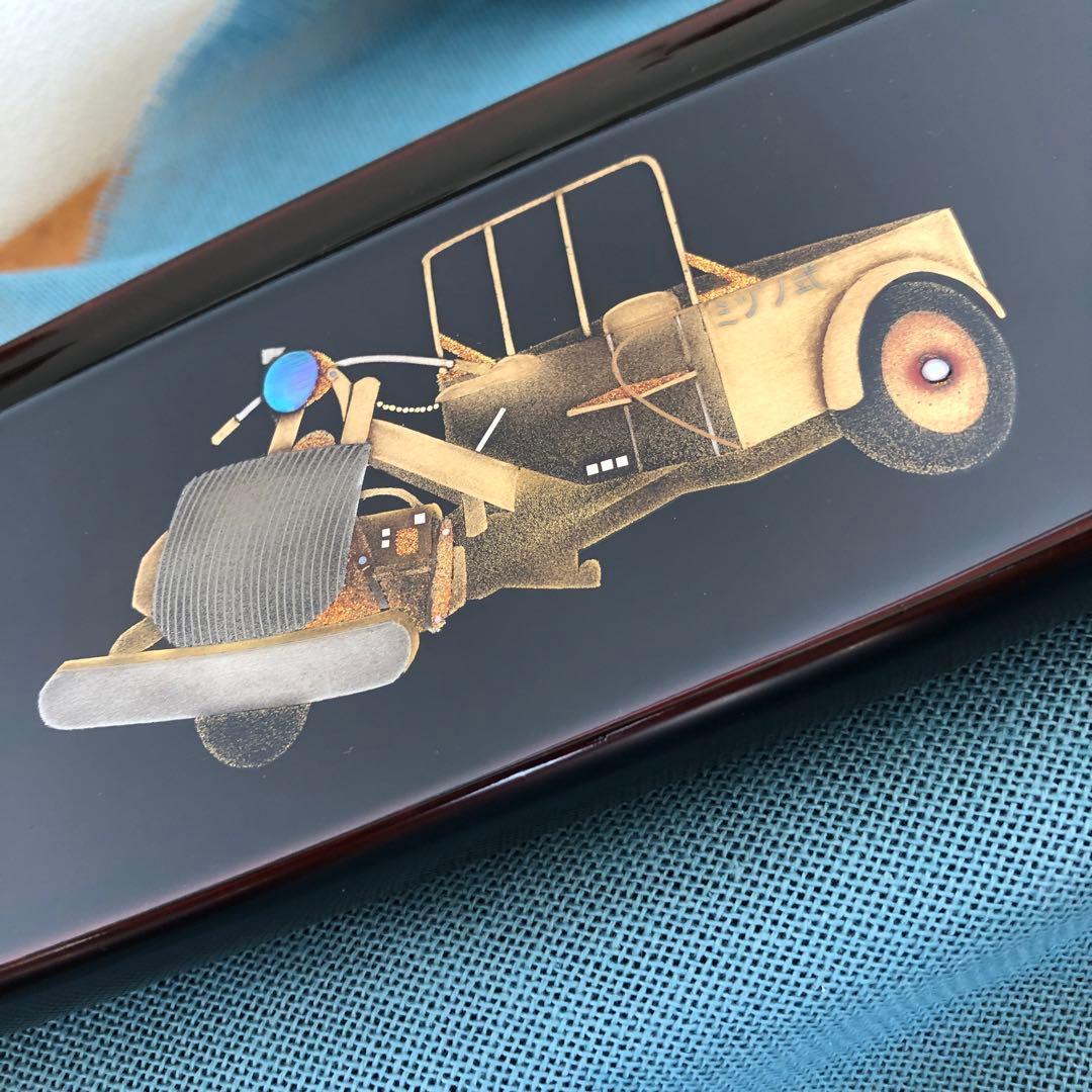 箱瀬淳一　長方ペン皿　40cm漆器　水野式　自動三輪車　蒔絵　飾り皿　輪島塗長皿