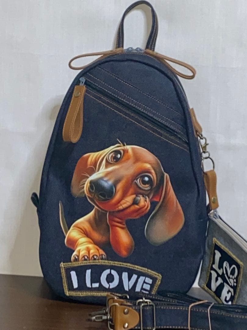 ダックスのプリントイラスト ショルダーバッグ ネイビー