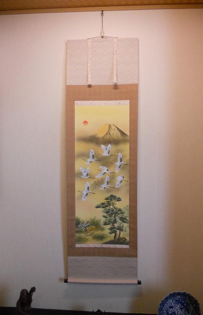 掛け軸 安在玉雲 風水黄金富翔図 黄金富士絹本 希少 軸装 茶道具 掛軸 美品