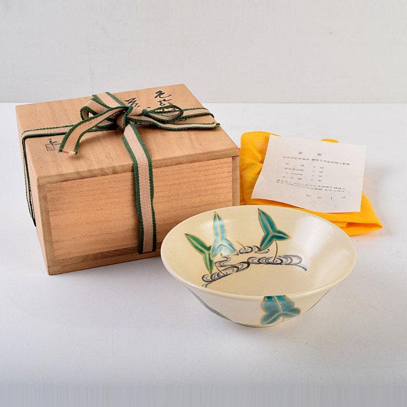 茶道具　京焼　宮川一三造　色絵　おもだか（沢瀉）茶碗　共箱　C　9269