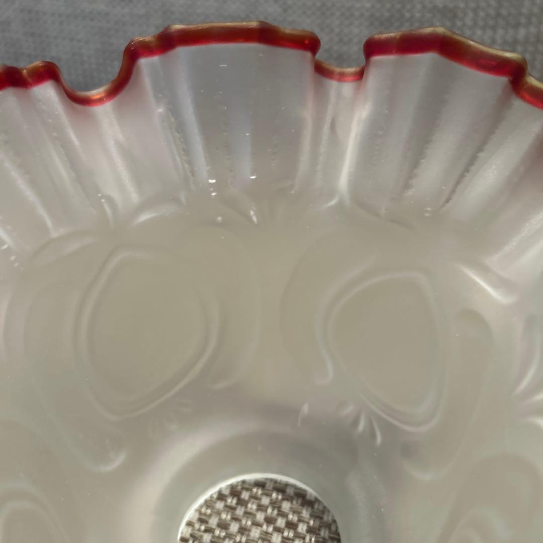 ランプシェード　フロストガラス　赤縁フリル　昭和レトロ　日本製　(14)