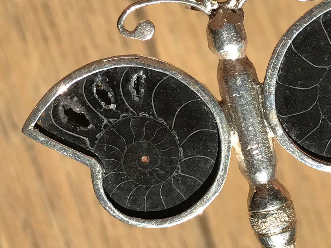 【限定出品】マダガスカル産　ブラックアンモナイト化石使用　ペンダントトップ　蝶々