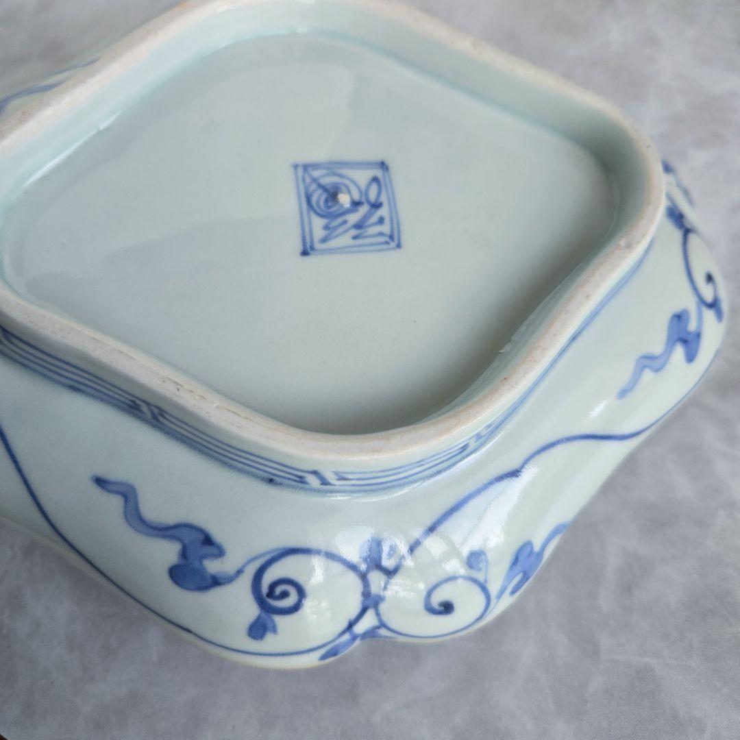 古伊万里　型紙摺　隅入菱皿　江戸時代　染付　変形皿　金直し　金継ぎ　アンティーク