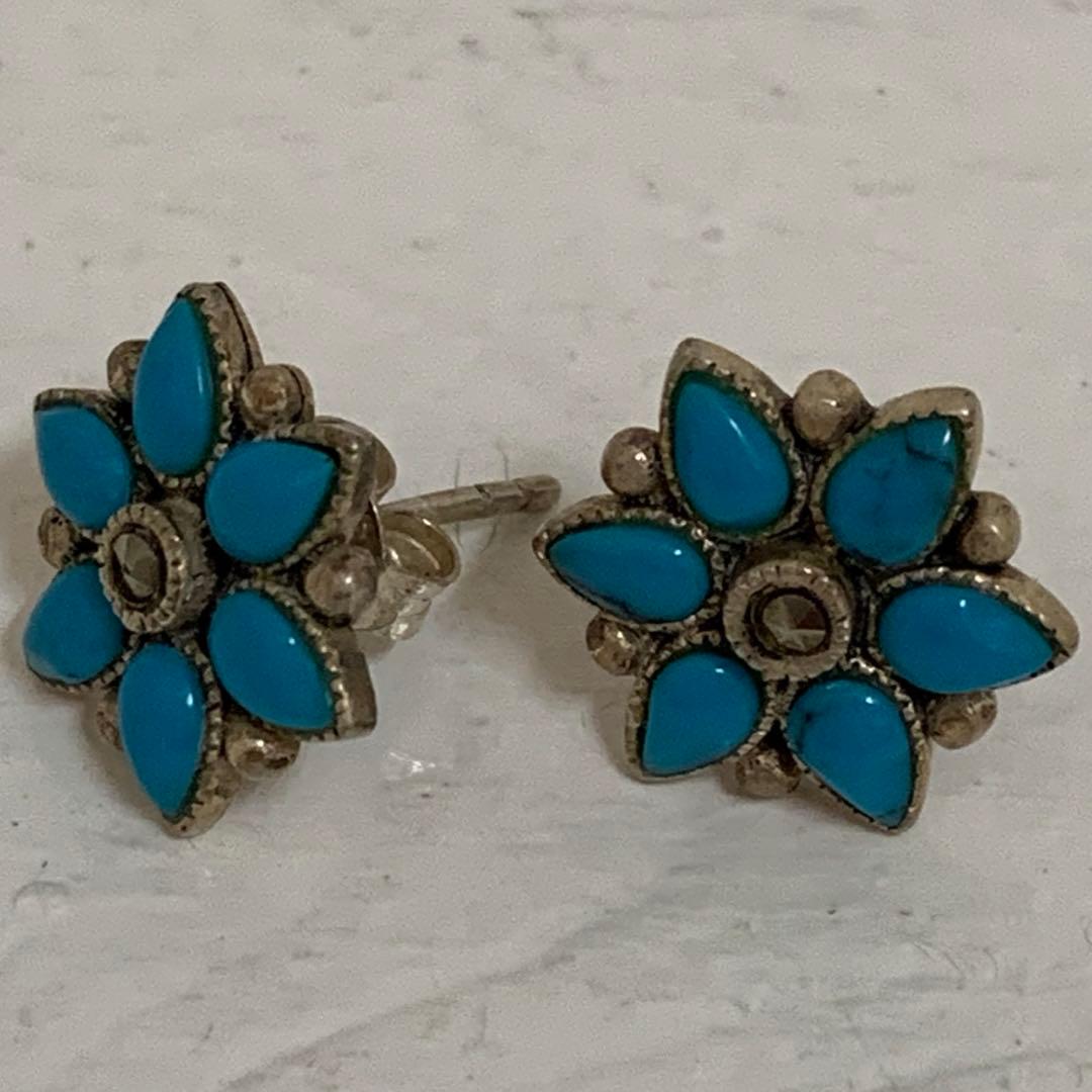 VINTAGE SILVER 925刻印 ターコイズ マーカサイト装飾 ピアス