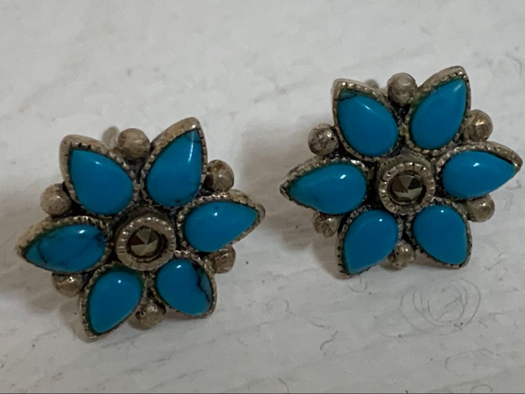 VINTAGE SILVER 925刻印 ターコイズ マーカサイト装飾 ピアス