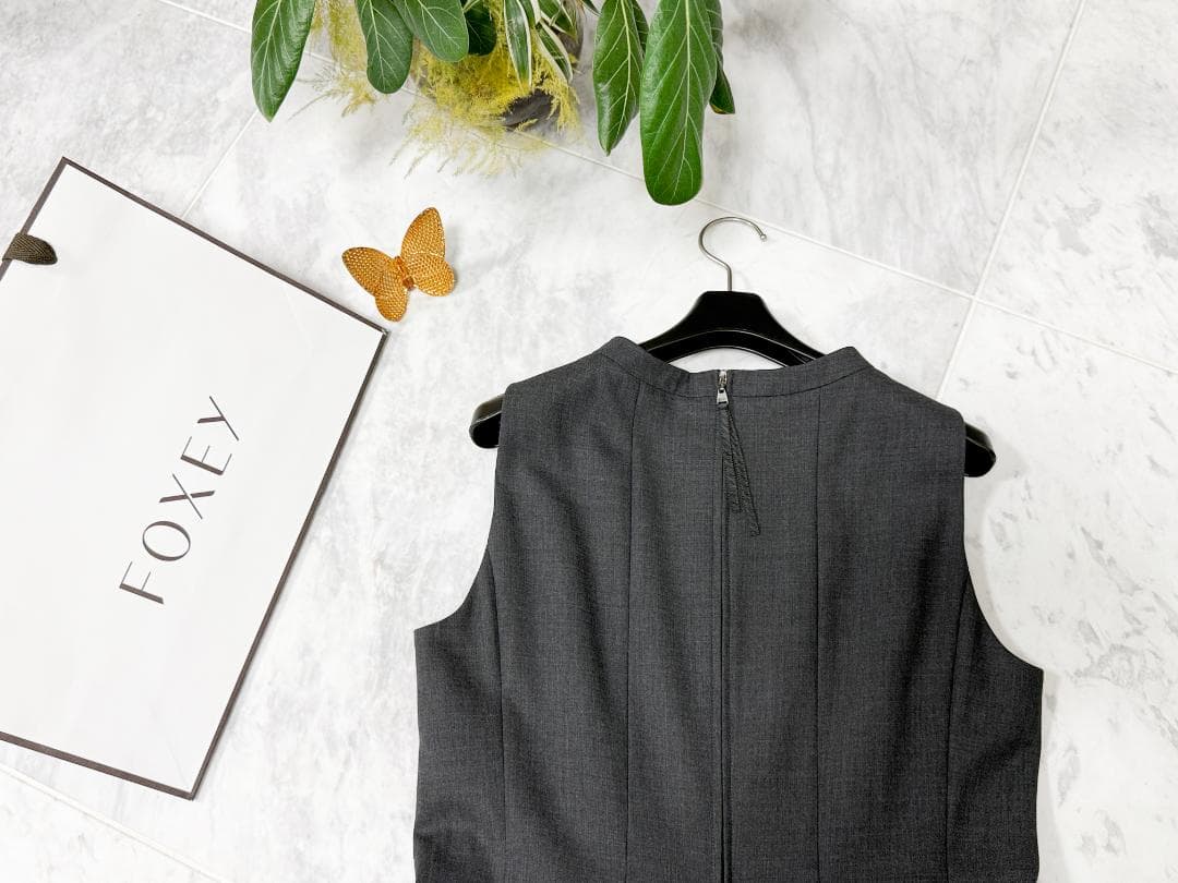 美品★FOXEYフォクシー ウール胸元リボンチャコールグレーワンピース希少42