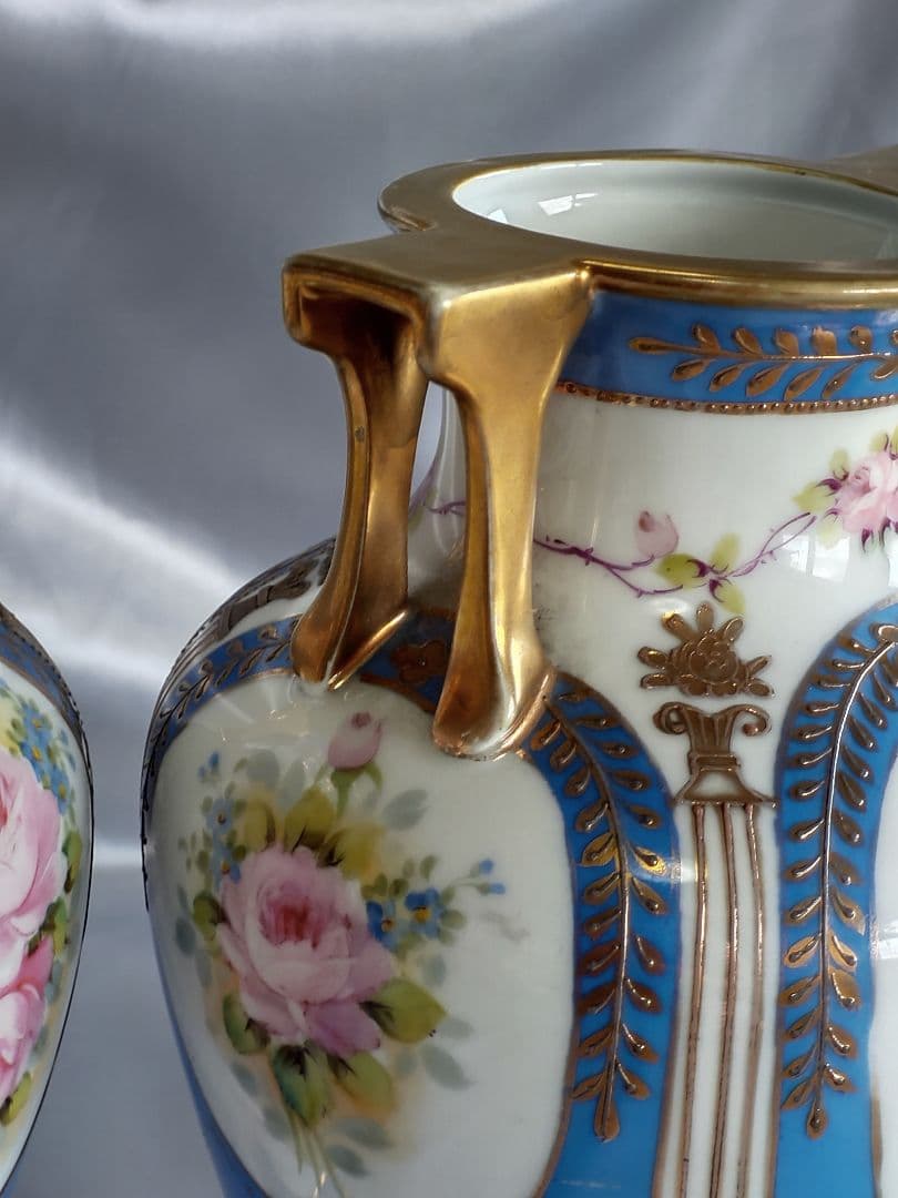 オールドノリタケ 明治期アンティーク マルキ印 青と白の花柄 ペア花瓶２個セット