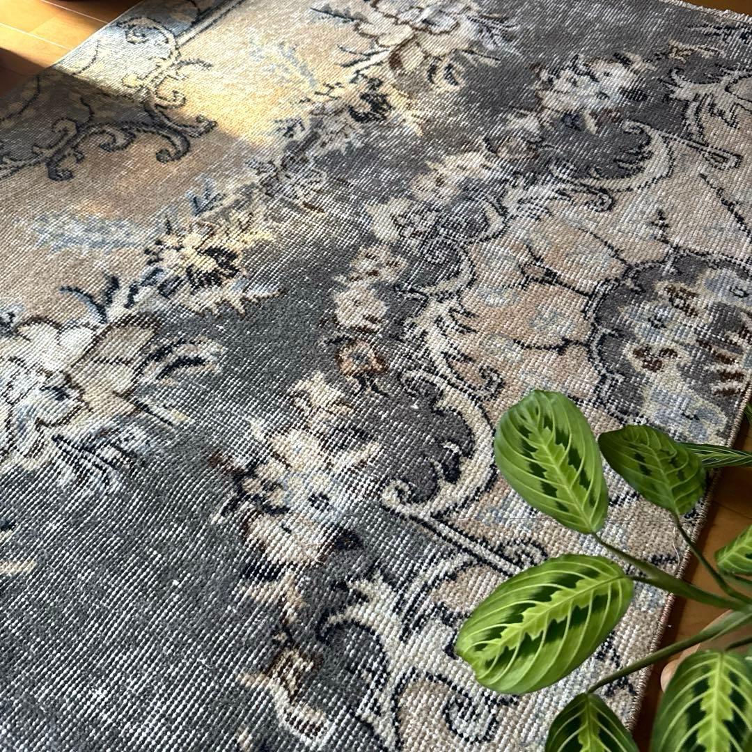 92×180-184グレイカーキ　ボタニカル柄　トルコヴィンテージラグ
