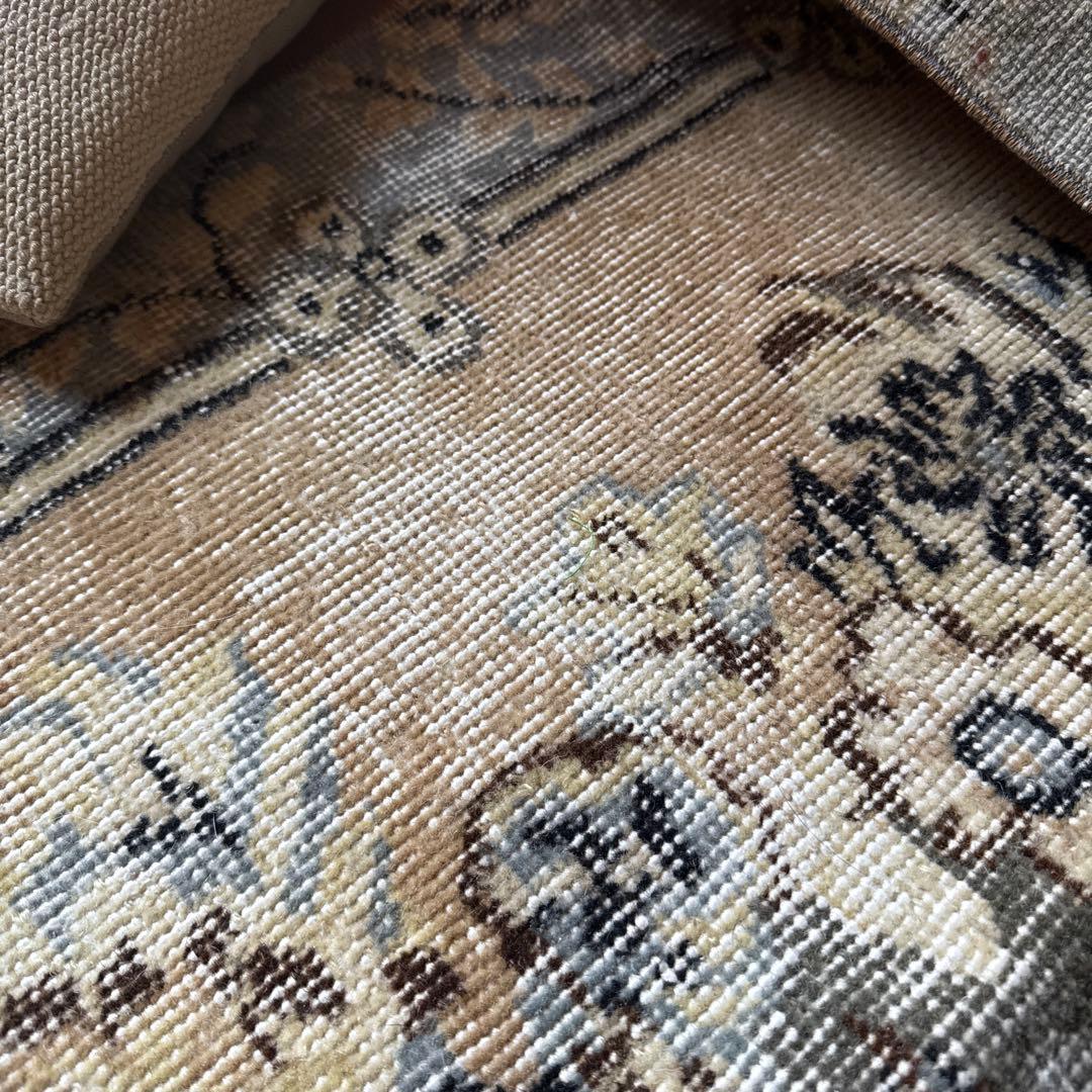 92×180-184グレイカーキ　ボタニカル柄　トルコヴィンテージラグ