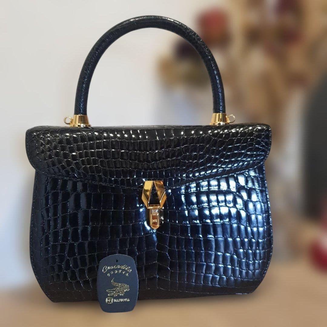 シャイニンクロコダイル本革ハンドバッグ ブラック
