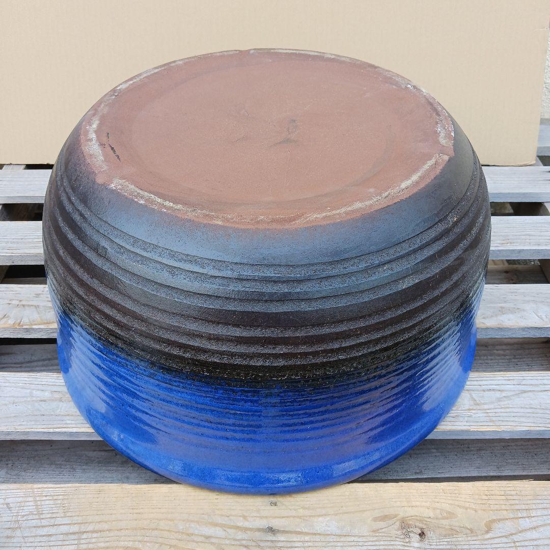 新品　特大　∅50　陶器　睡蓮鉢　メダカ鉢　ヒスイグリーン　手造　青＆緑　LLB