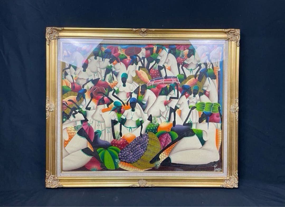 真作保証 特大 タヒチ絵画 油絵 肉筆 額装 美術品 海外 フラントス