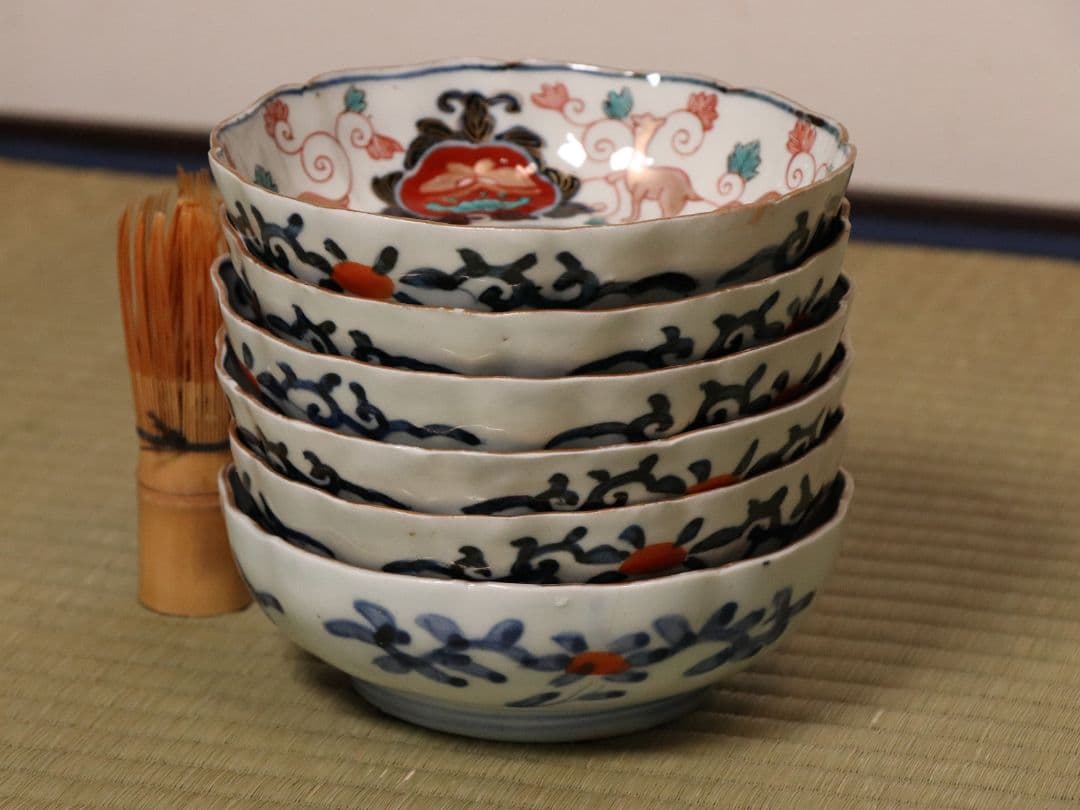 冨貴長春 古伊万里 花唐草獣図 色絵 なます皿 六客 中皿 鉢 錦手【CM12】