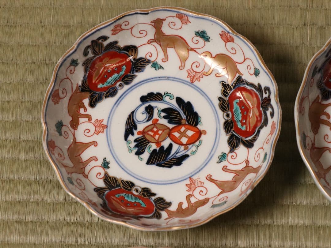 冨貴長春 古伊万里 花唐草獣図 色絵 なます皿 六客 中皿 鉢 錦手【CM12】