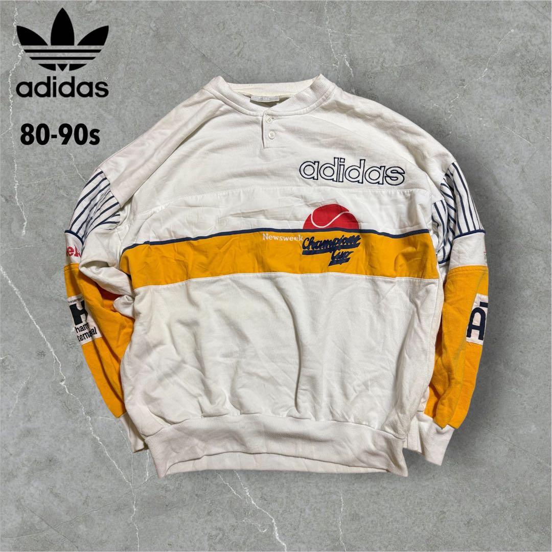 【M24】80-90s adidasヘンリーネックスウェット白×バターイエロー