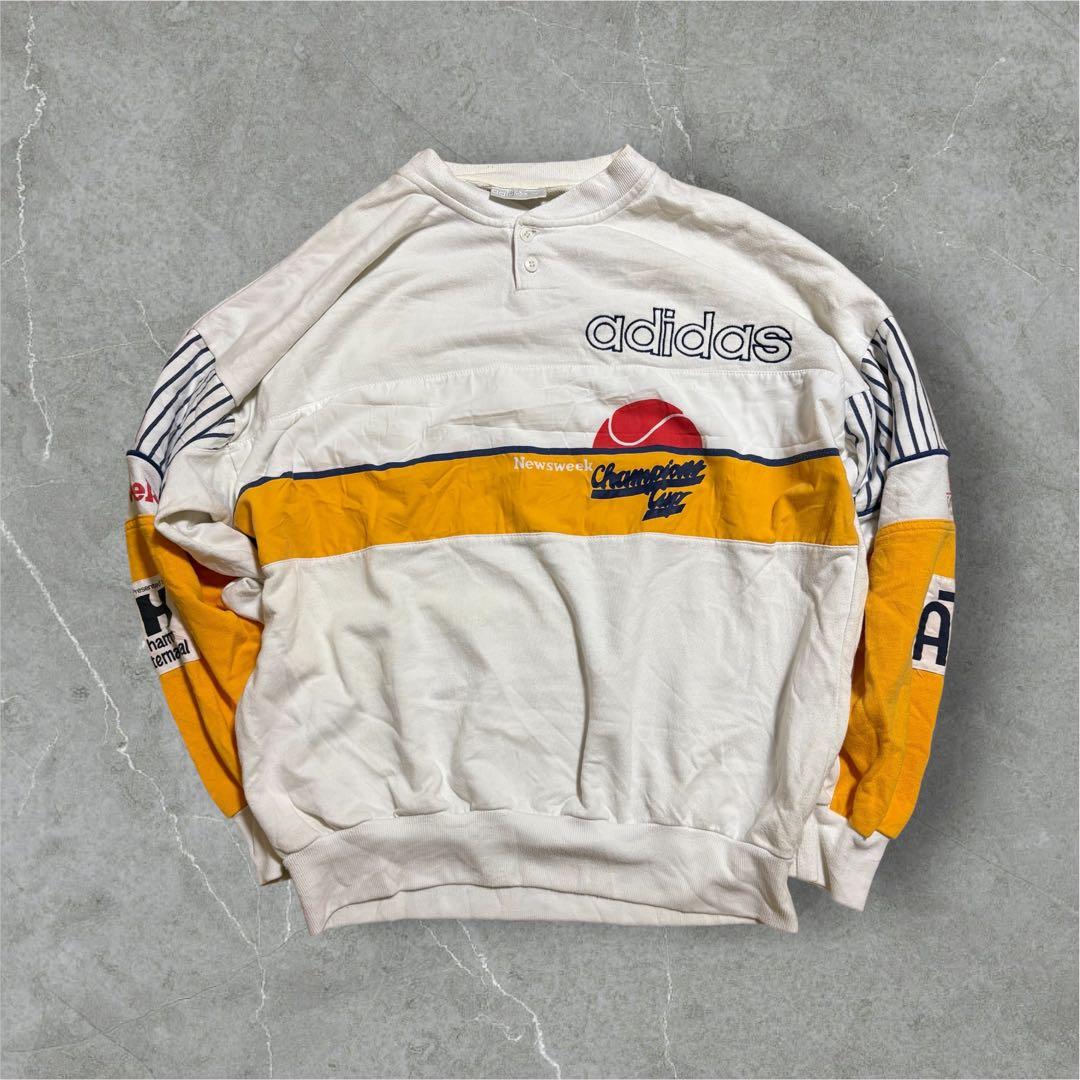 【M24】80-90s adidasヘンリーネックスウェット白×バターイエロー