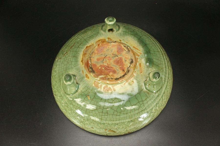 中国美術 七官青磁 三足 水盤 瓶掛 時代物(A880)
