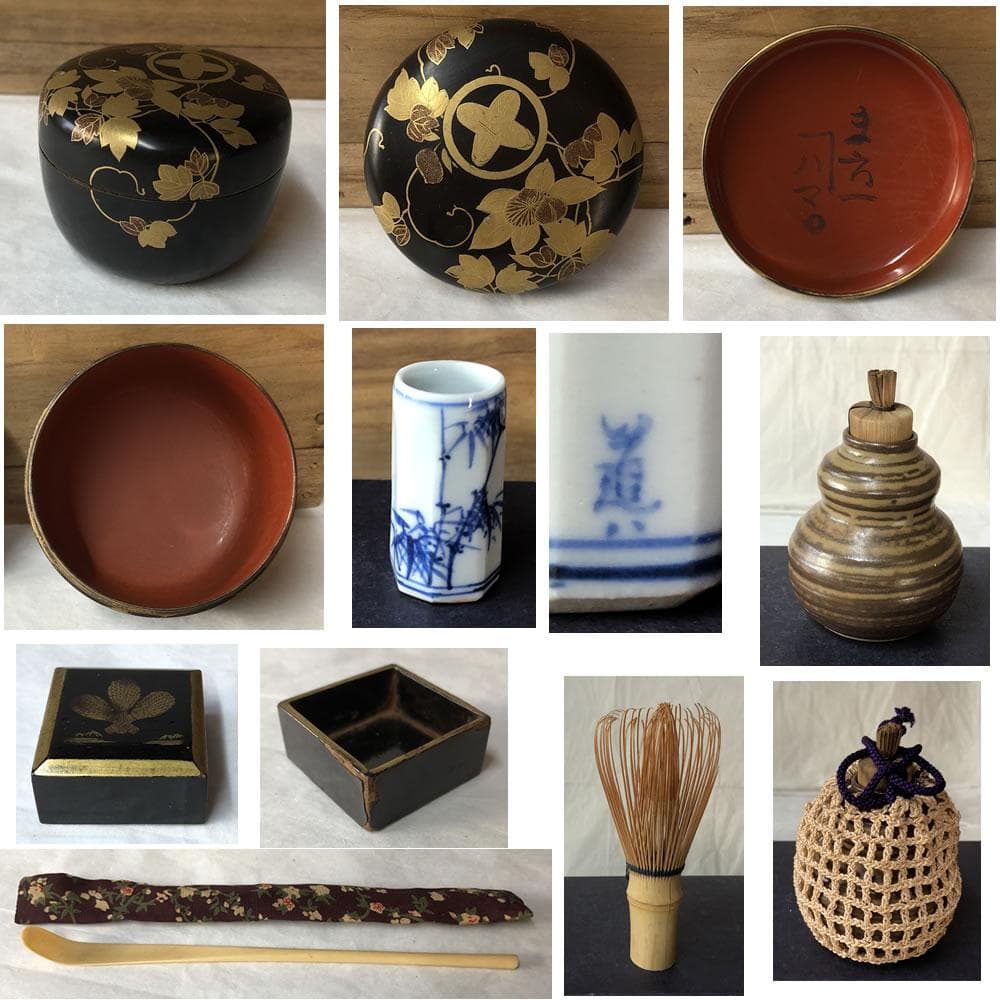 F1143 時代 蒔絵 茶箱 仁清 茶碗 抹茶碗 道八 巾筒 野点 棗 茶道具