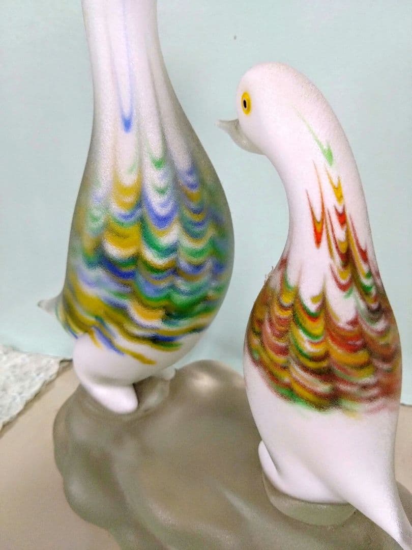 ベネチアングラスの置き物　2羽の鳥　フロストガラスコーティング　ハンドメイド