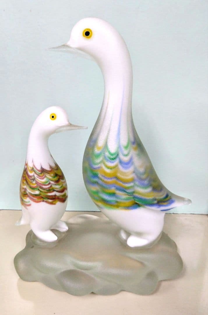 ベネチアングラスの置き物　2羽の鳥　フロストガラスコーティング　ハンドメイド