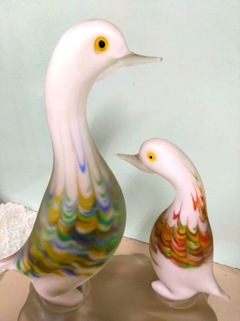 ベネチアングラスの置き物　2羽の鳥　フロストガラスコーティング　ハンドメイド
