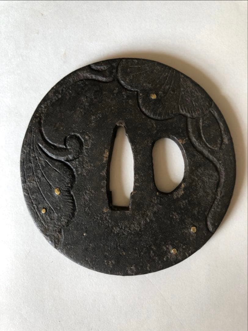 鍔 鉄地 象嵌 鐔　鉄地つば 海浪図 刀装具 古美術 時代物 X26D