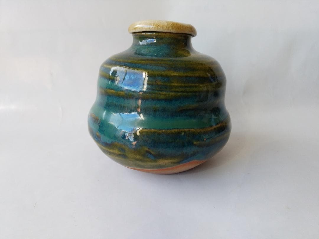 古瀬戸 緑釉 茶入 加藤作助 作 仕覆 笹蔓緞子 共箱 茶入 茶道具 美品 です