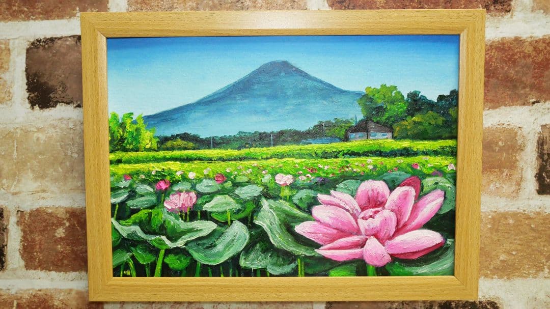 油絵 絵画 【蓮の花と富士山】