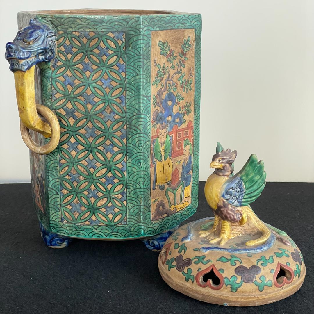 希少 古九谷 青九谷 青手 香炉 角福 1800年 香炉 鳳凰 獅子 吉田屋