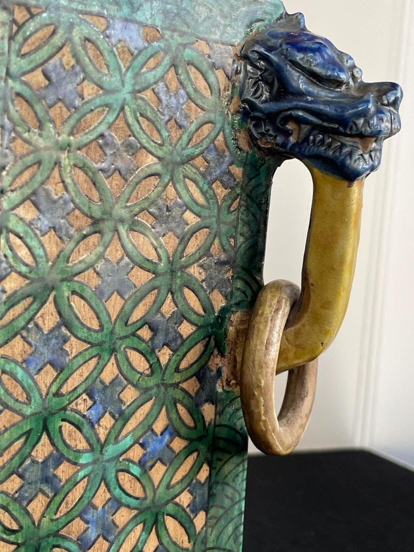 希少 古九谷 青九谷 青手 香炉 角福 1800年 香炉 鳳凰 獅子 吉田屋