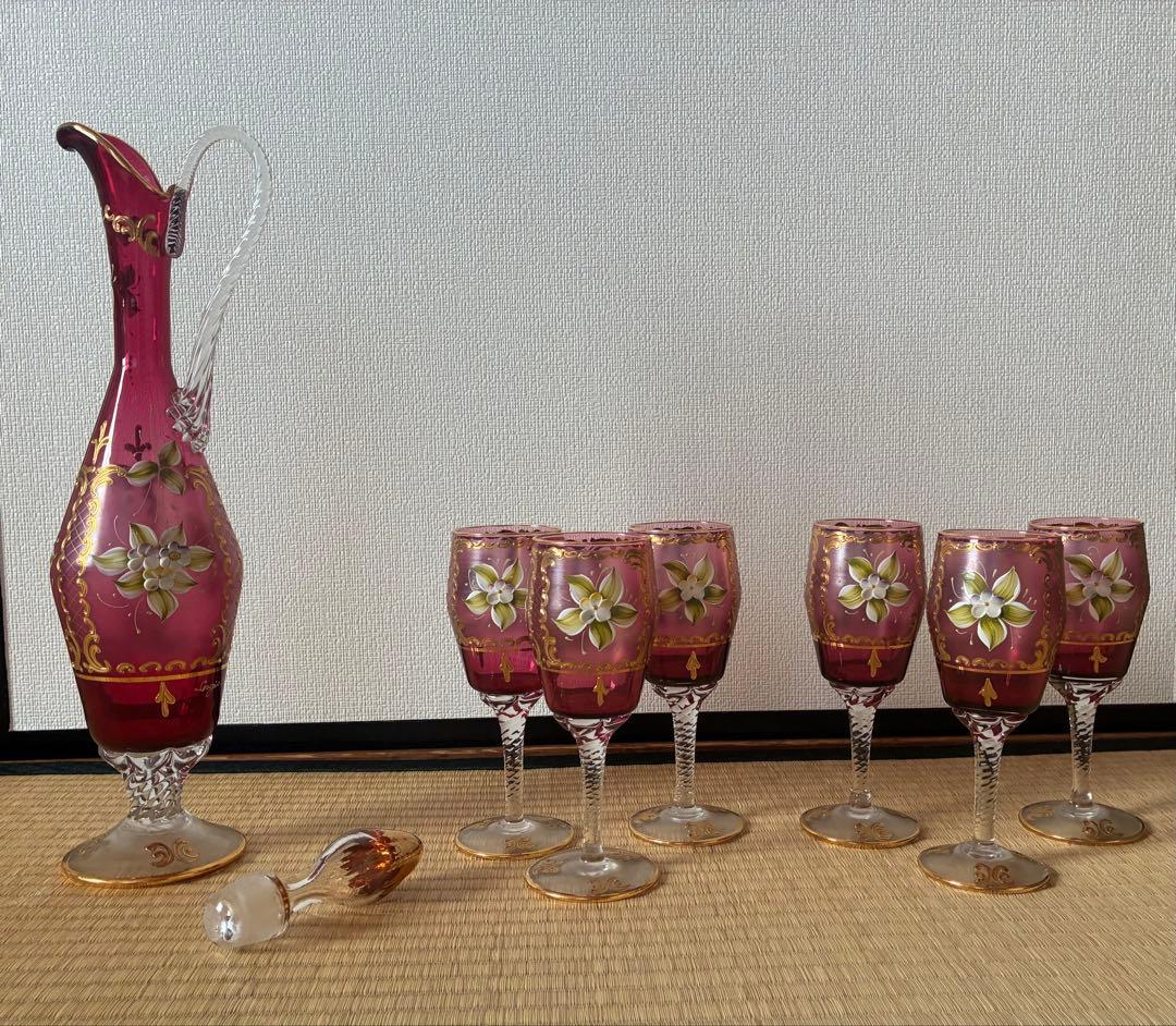 ベネチアングラス　ピンク花柄　セット