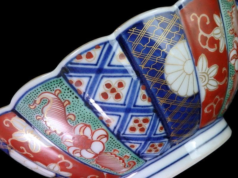 大聖寺伊万里　金襴手　寿紋に輪花楕円変形皿　大振向付　E704AS-CZk