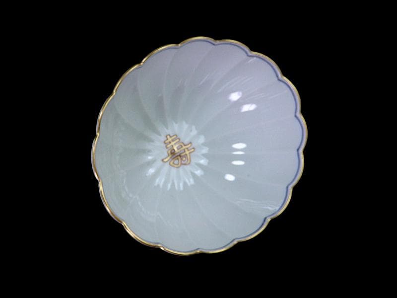 大聖寺伊万里　金襴手　寿紋に輪花楕円変形皿　大振向付　E704AS-CZk