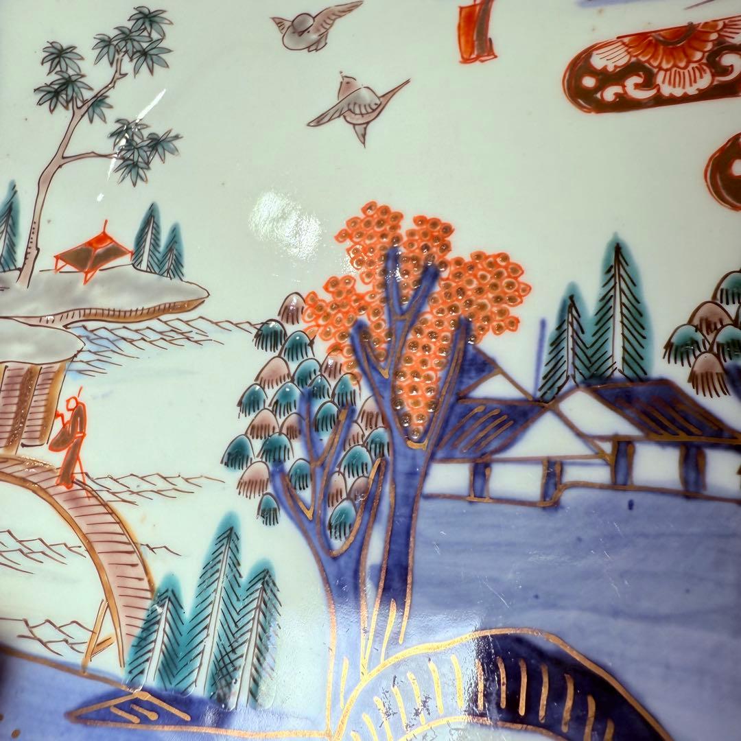 豪商家特注品　古伊万里　染錦風景画輪花型七寸皿　五客　直径21.5㎝