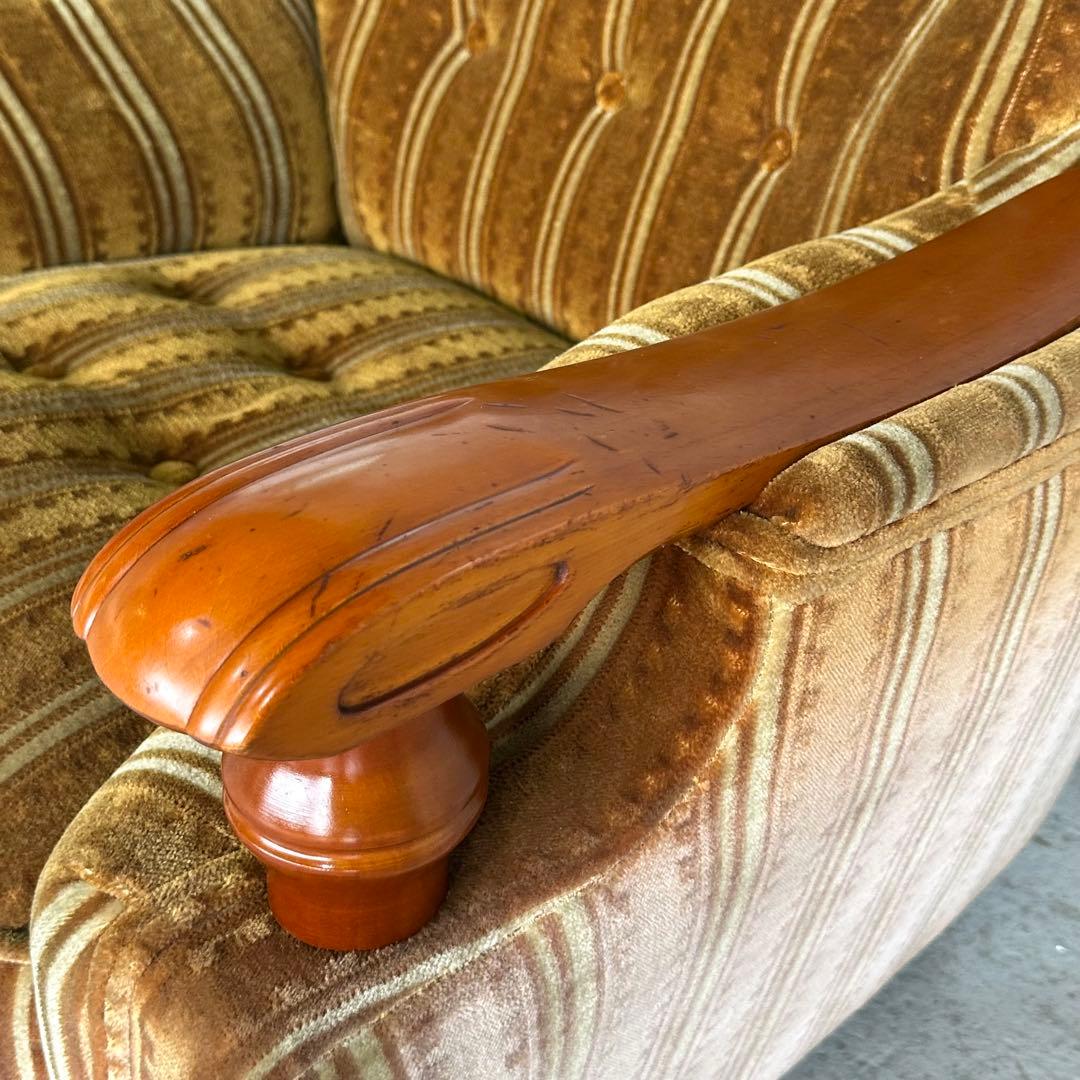 ★70s★昭和レトロ 応接ソファ｜純喫茶風 ストライプ ベロア 木肘アームチェア