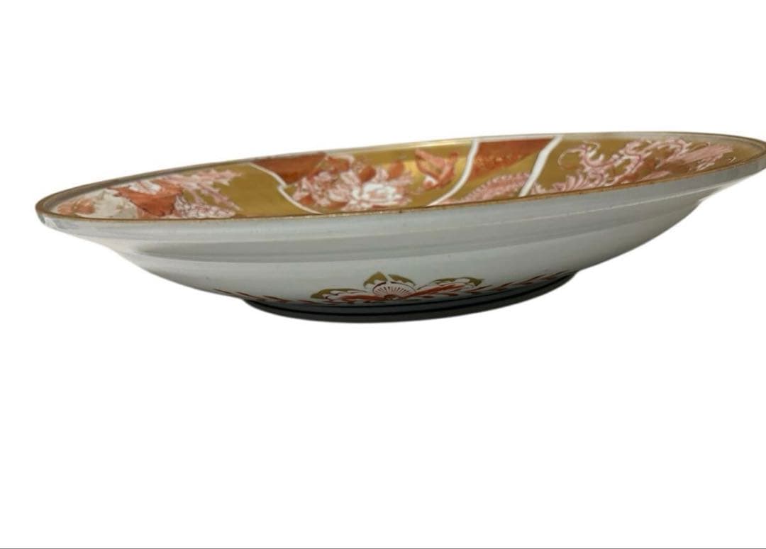 【九谷焼 春仙作】金彩色絵大皿 三面構図 共箱付 萬延元年　銘 中嶋屋喜右エ門