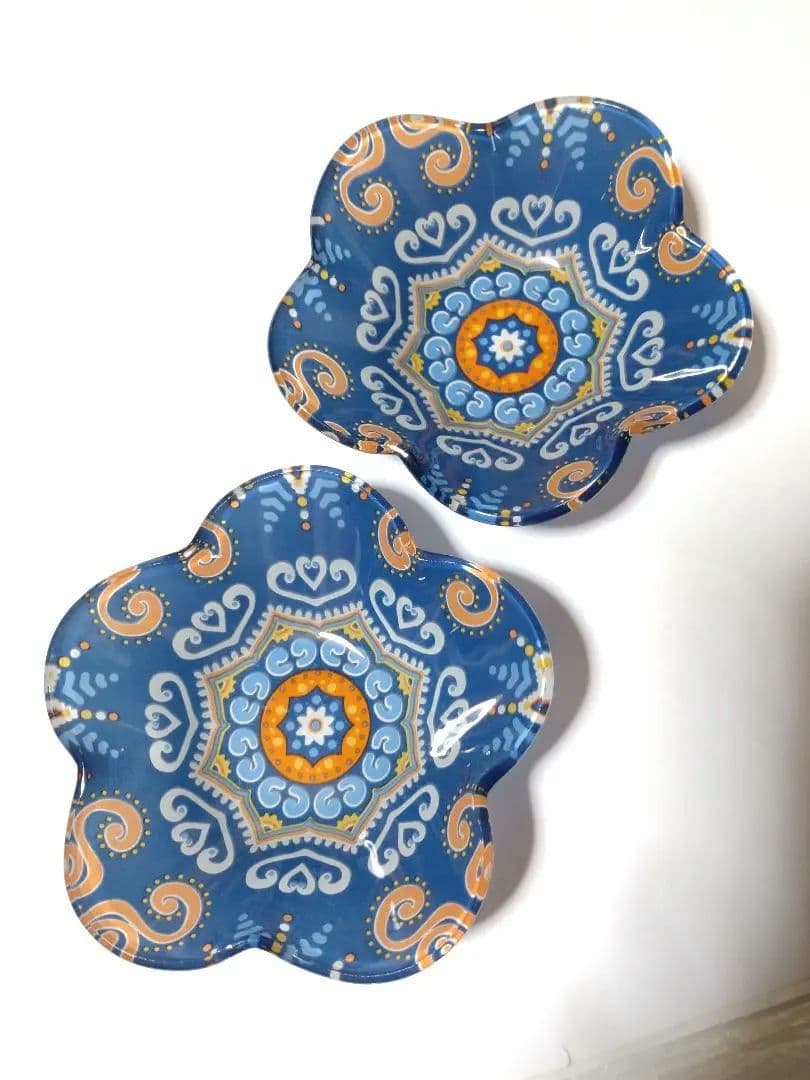 デザートボウル ■ 5点 ガラスボウル 皿 オリエンタル柄 青 蚤の市