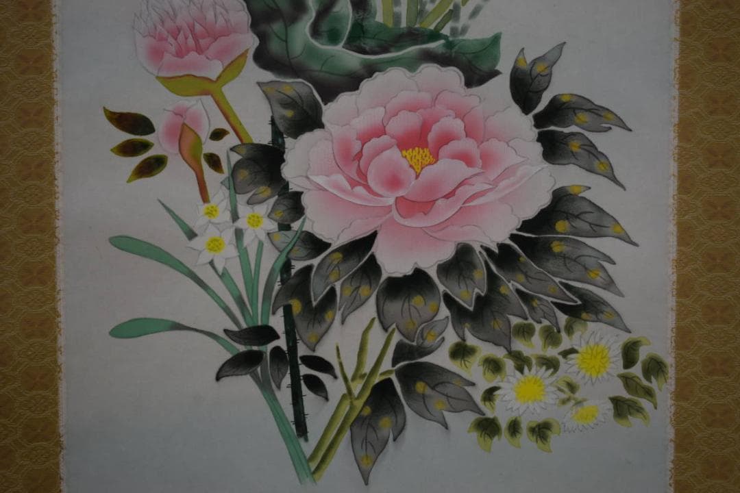 真作/横山香秋/四季草花図/桐共箱付/布袋屋掛軸HF-69