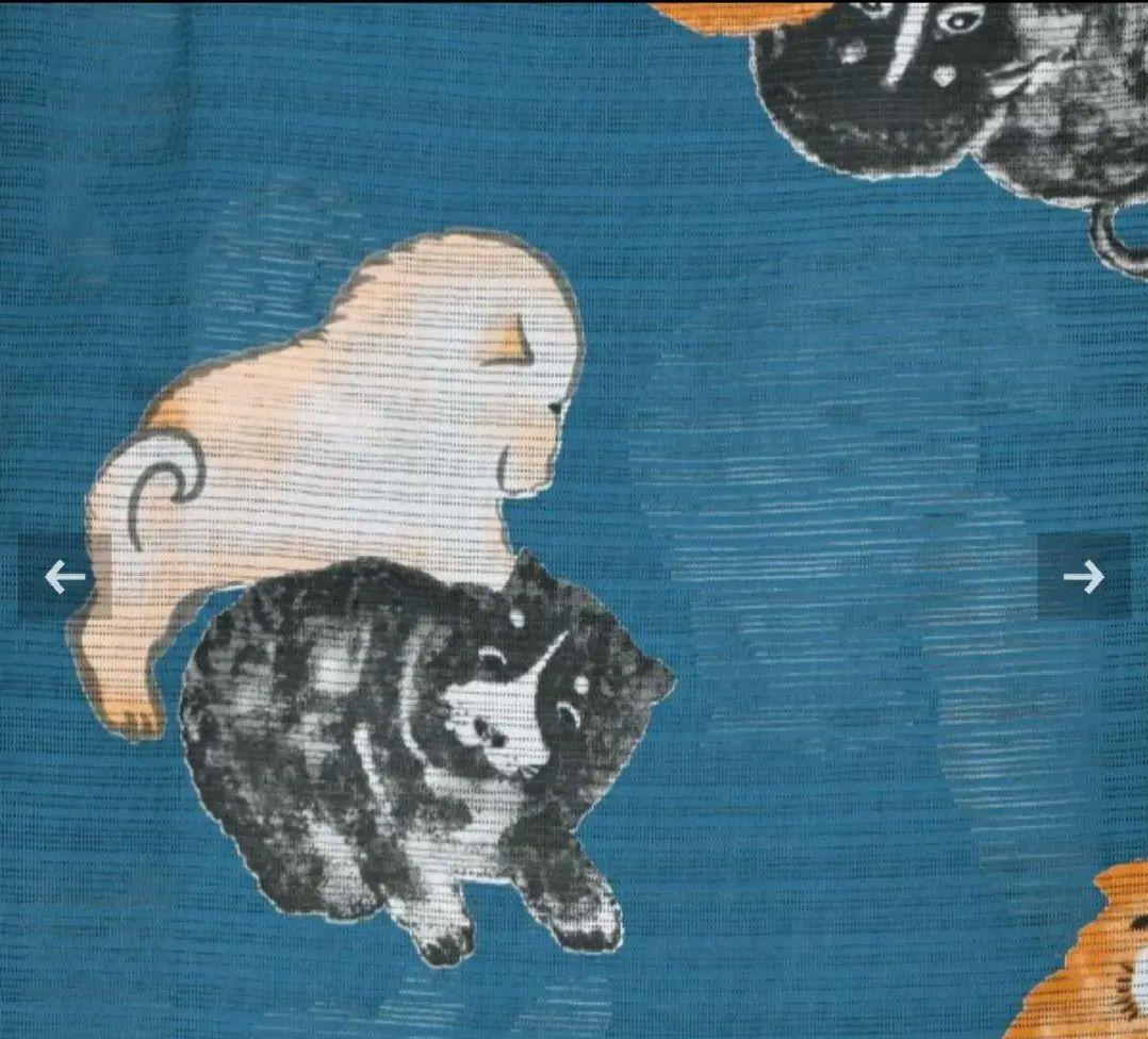 岡重　子犬柄の綿絽浴衣　青